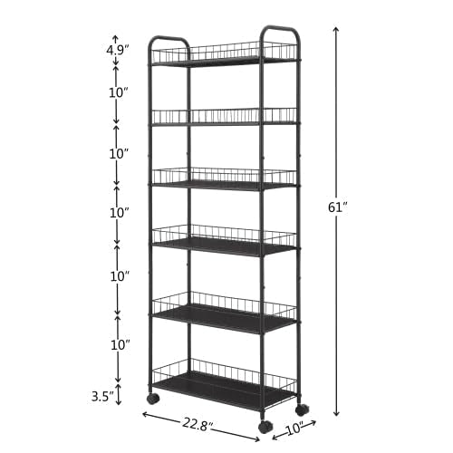 Scaffale alto Garvee con 6 ripiani e ruote per cucina, bagno, magazzino, cantina, garage, lavanderia, 25x58x155 cm, nero, salvaspazio