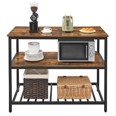 Scaffale da cucina Garvee a 3 ripiani con ampio piano di lavoro, robusta struttura in acciaio, stile industriale, 120x60x90 cm, marrone rustico