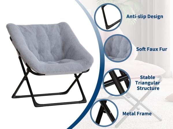 Poltrona Garvee Comfy Chair Extra Large con struttura in metallo, pelliccia sintetica ultra morbida, pieghevole, base antiscivolo, grigia per soggiorno e camera da letto