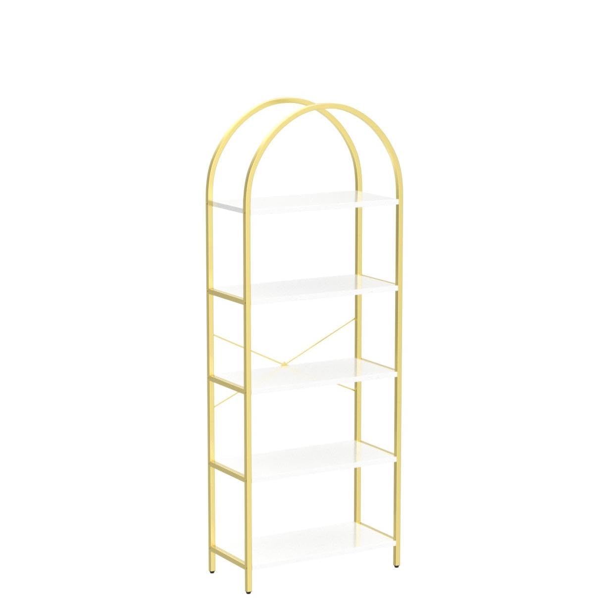 Libreria Garvee a 5 ripiani con struttura in metallo arcuato, moderno scaffale in legno, bianco/oro, ampio scaffale portaoggetti per soggiorno e ufficio