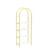 Libreria Garvee a 5 ripiani con struttura in metallo arcuato, moderno scaffale in legno, bianco/oro, ampio scaffale portaoggetti per soggiorno e ufficio