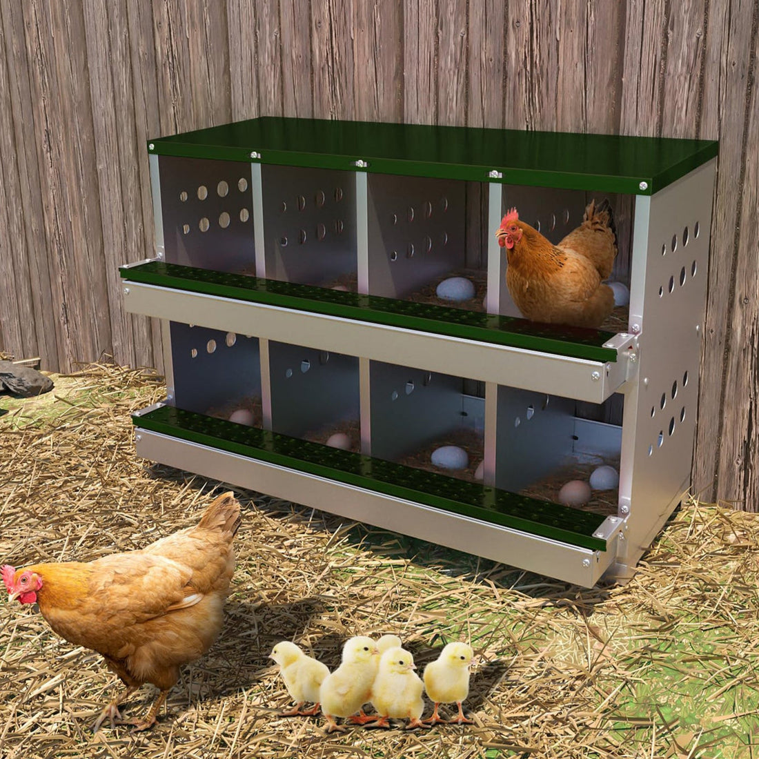 Garvee Chicken Nesting Box, pollaio zincato a 8 fori, resistente alle intemperie, verde, con 8 posti di nidificazione e struttura durevole per una produzione di uova sicura in giardino