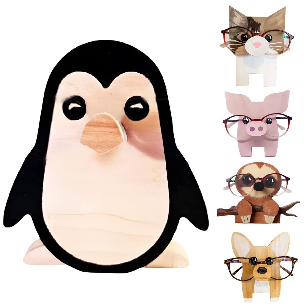 Supporto per occhiali Garvee, simpatico espositore per occhiali da sole a forma di animale, realizzato in legno per camera da letto, ufficio, scrivania, pinguino