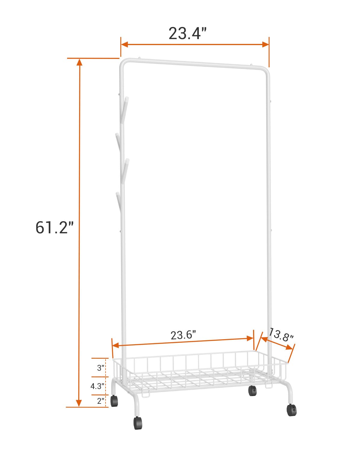 Appendiabiti Garvee con ruote, cestino in metallo, mobile per camera da letto e soggiorno, bianco, resistente