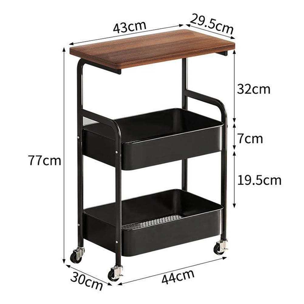Carrello Garvee a 3 ripiani con piano in legno, struttura in metallo, 3 ripiani, 4 ruote con freni per cucina e ufficio, 16.5"x11.8", nero