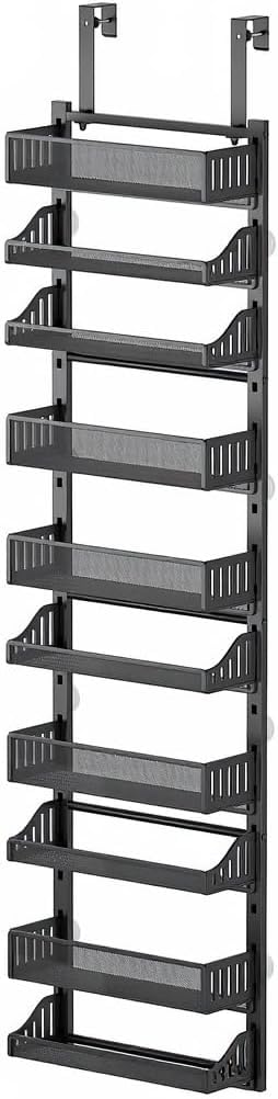 Porta spezie da appendere alla porta Garvee, portaoggetti da appendere alla porta a 10 ripiani, portaoggetti da appendere alla porta in metallo con ganci, organizer da appendere per cucina, dispensa, soggiorno, 41,5 x 13 x 154 cm, nero