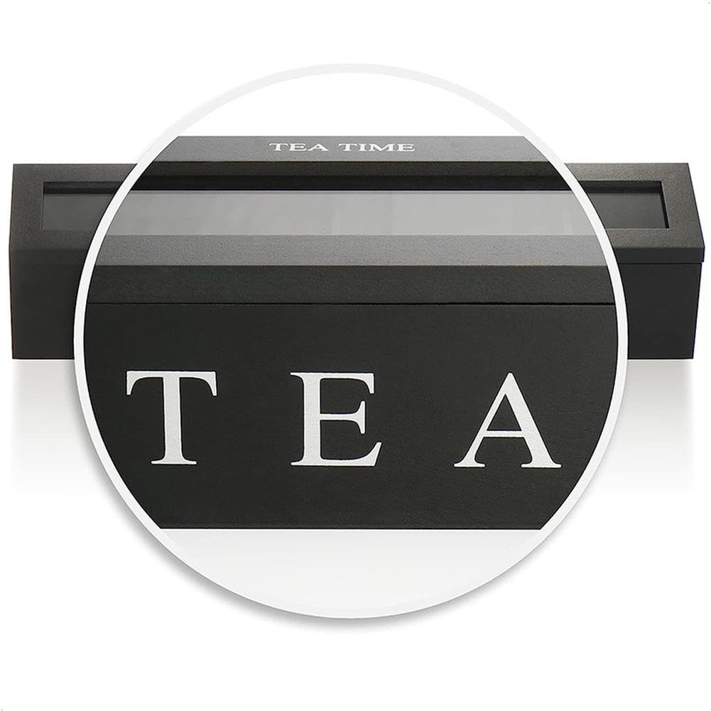 Scatola porta-tè Garvee, 6 scomparti, organizer in legno, nero, 43 x 9 x 8 cm, contenitore per tè e spezie nel cassetto della cucina