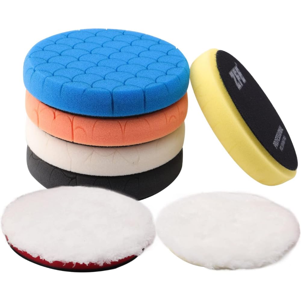 Garvee Set 7 Pezzi Pad Lucidatura Auto 15,2 cm Schiuma Lana Microfibra Lavabile Riutilizzabile per Lucidatura e Cera Dettagli Auto