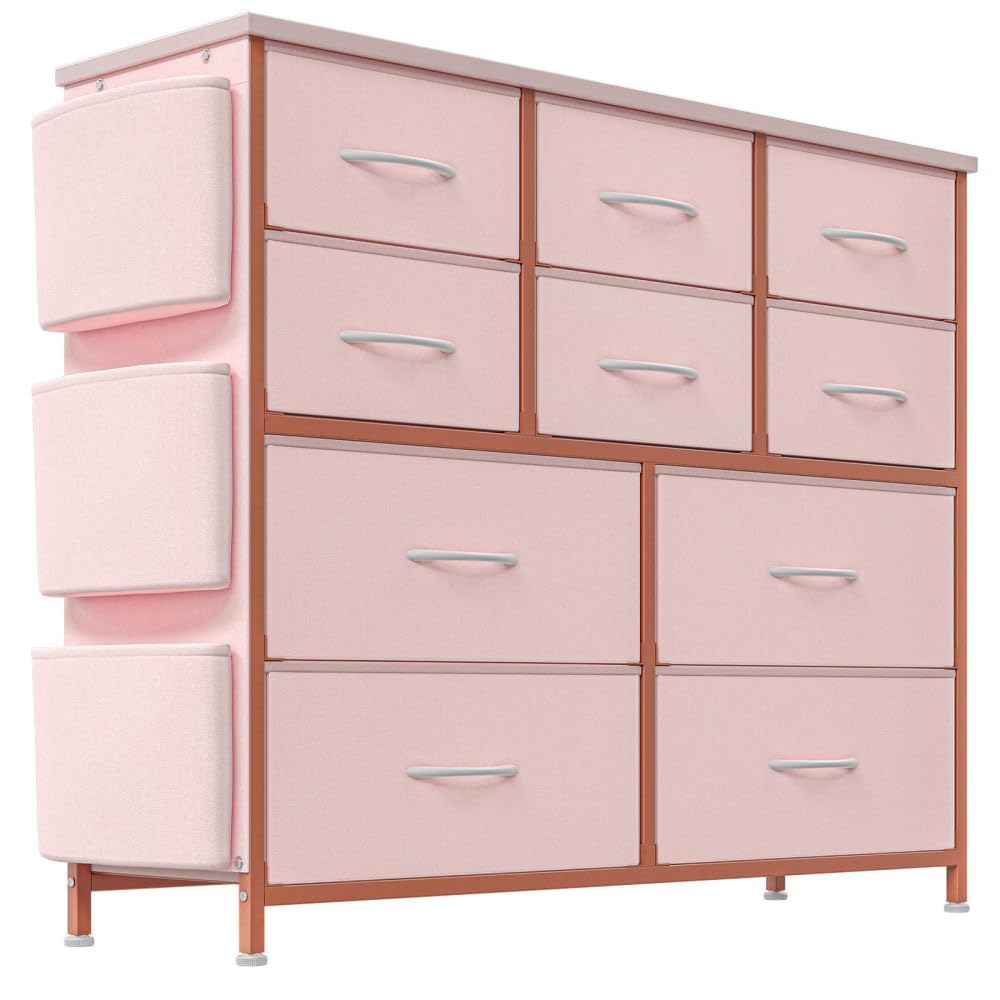 Cassettiera GARVEE, Armadio con 10/12 cassetti e maniglie, Mobiletto portaoggetti in tessuto con struttura in metallo, per camera da letto, armadio, corridoio, ingresso, rosa, 12 cassetti