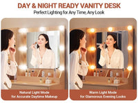 Tavolo da toeletta Garvee con specchio e illuminazione, MDF robusto, luci dimmerabili, porte USB, camera da letto, bianco