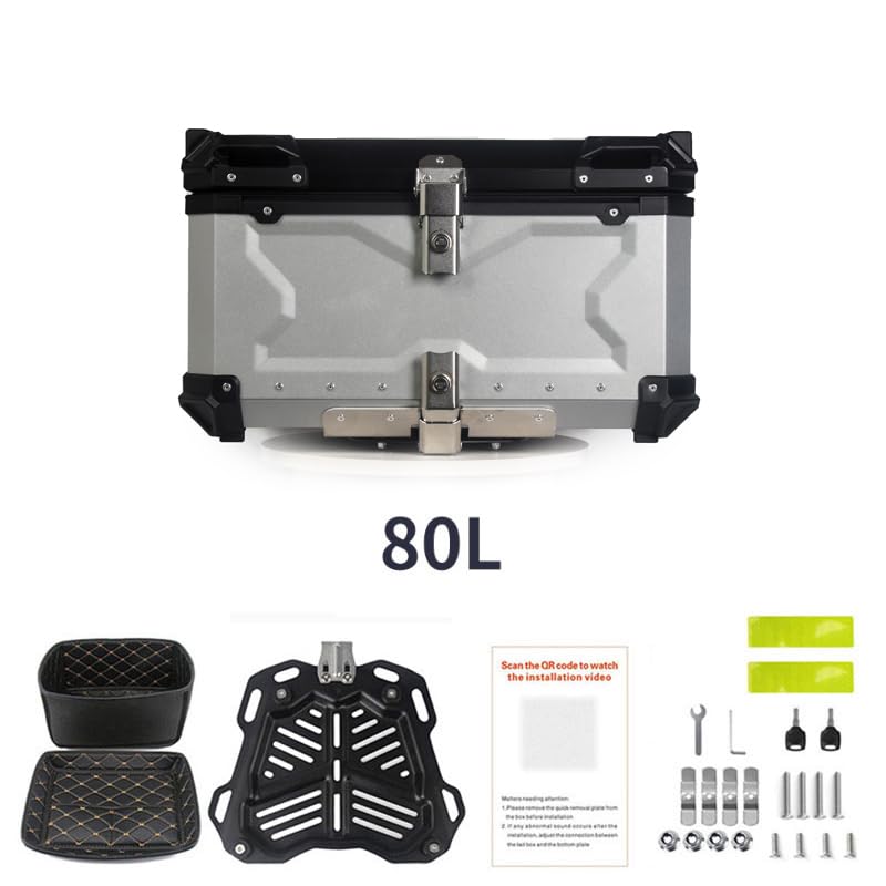 Bauletto per moto Garvee da 80 litri in lega di alluminio con serratura di sicurezza per viaggi, impermeabile, robusto, versatile, argento