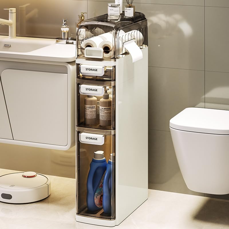 Mobiletto da bagno sottile Garvee a 4 ripiani con cassetti trasparenti e ruote per bagno e cucina, salvaspazio, impermeabile, ABS e PP, argento