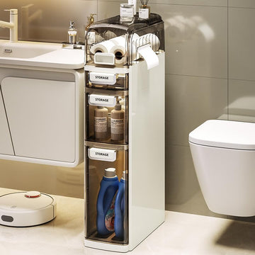 Mobiletto da bagno sottile Garvee a 4 ripiani con cassetti trasparenti e ruote per bagno e cucina, salvaspazio, impermeabile, ABS e PP, argento