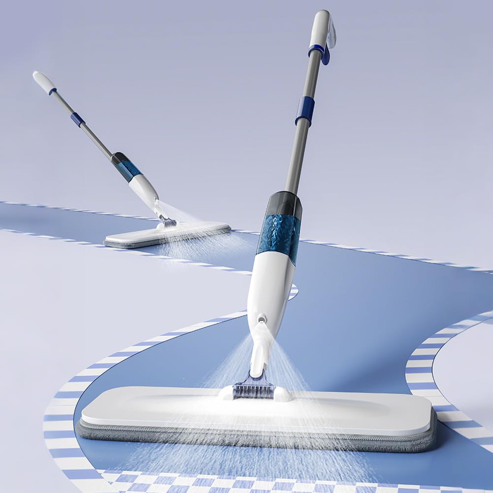 Garvee Mop con funzione spray per pavimenti in legno, piastrelle e parquet, girevole a 360 gradi, con 5 panni in microfibra riutilizzabili, piatto, nero