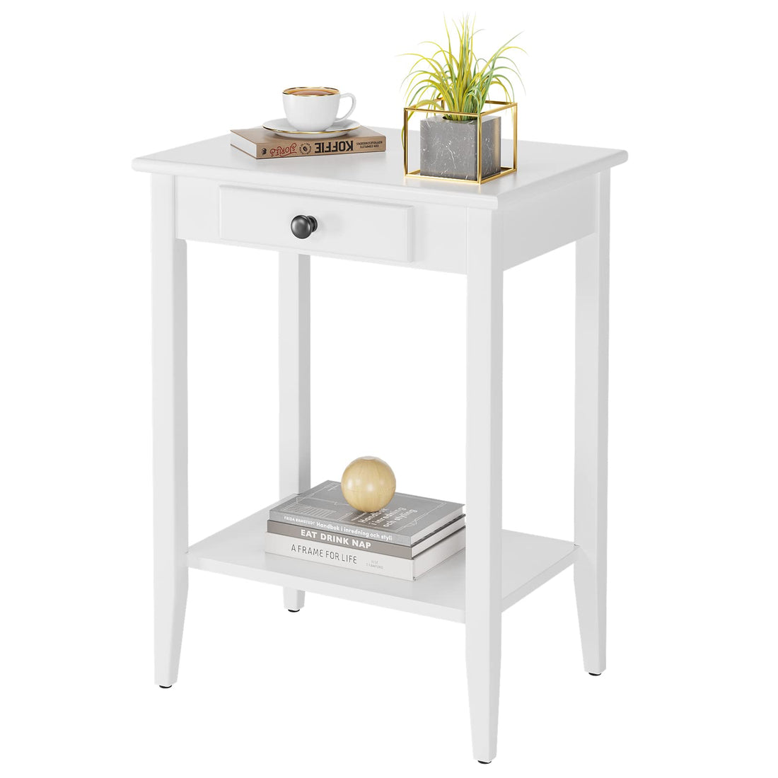 Tavolino laterale bianco Garvee con contenitore, comodino stretto in legno per camera da letto e soggiorno