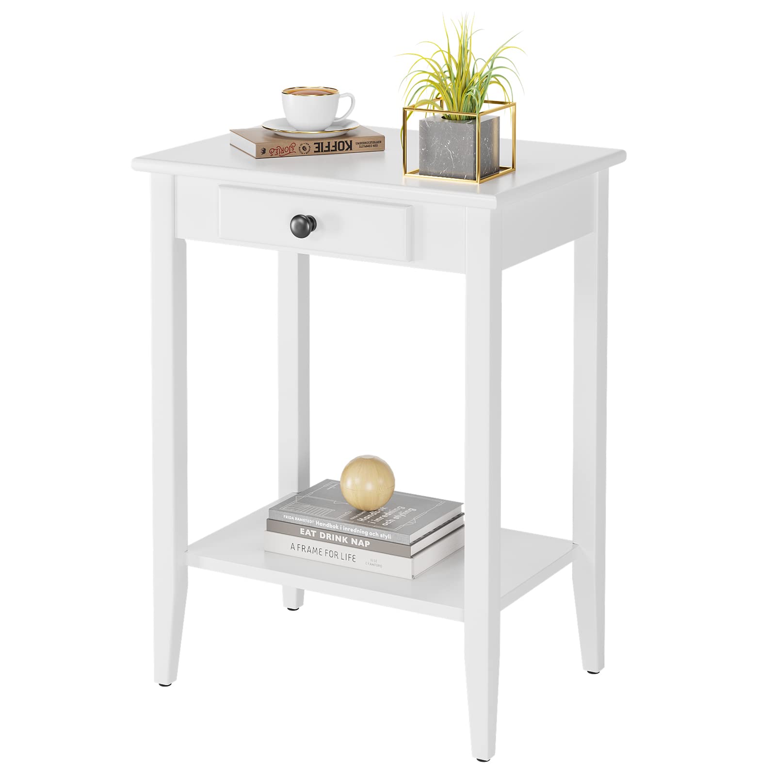 Tavolino laterale bianco Garvee con contenitore, comodino stretto in legno per camera da letto e soggiorno