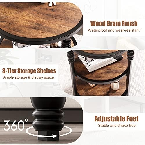 Tavolino rotondo Garvee con 3 ripiani, gambe di supporto in metallo, legno MDF rustico, marrone, per soggiorno e camera da letto