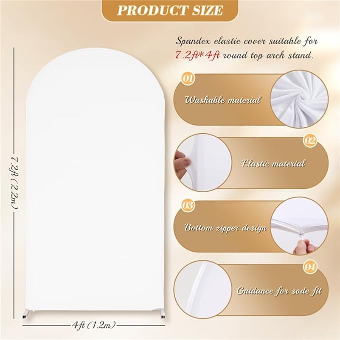 Garvee Set di 3 coperture per fondali ad arco bianco, in poliestere-spandex con cerniera inferiore, per decorazioni per matrimoni e feste, dimensioni 6-7,2 piedi