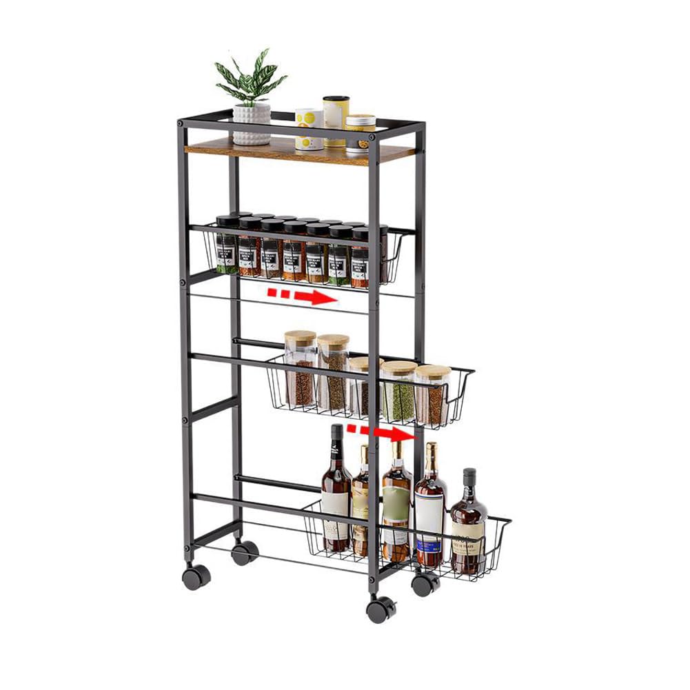 Carrello Garvee Slim a 4 ripiani con piano in legno, acciaio robusto, per cucina e bagno, 7,7 pollici di larghezza, nero