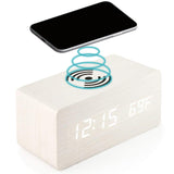 Sveglia digitale in legno Garvee con 3 sveglie, display LED, ricarica wireless, controllo vocale, legno bianco, camera da letto e ufficio, 16x7x7 cm