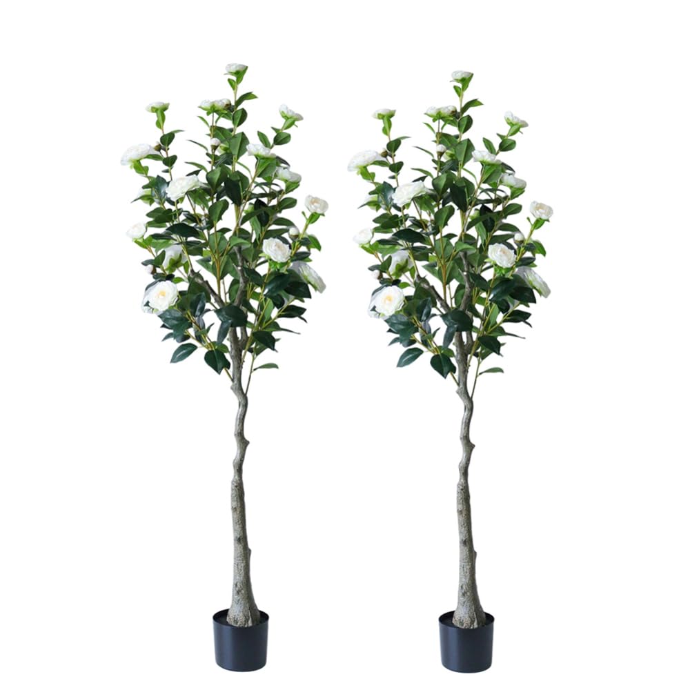 Garvee Set di 2 alberi di camelia artificiali da 150 cm, foglie e fiori realistici, facile da pulire, soggiorno e ufficio, avorio