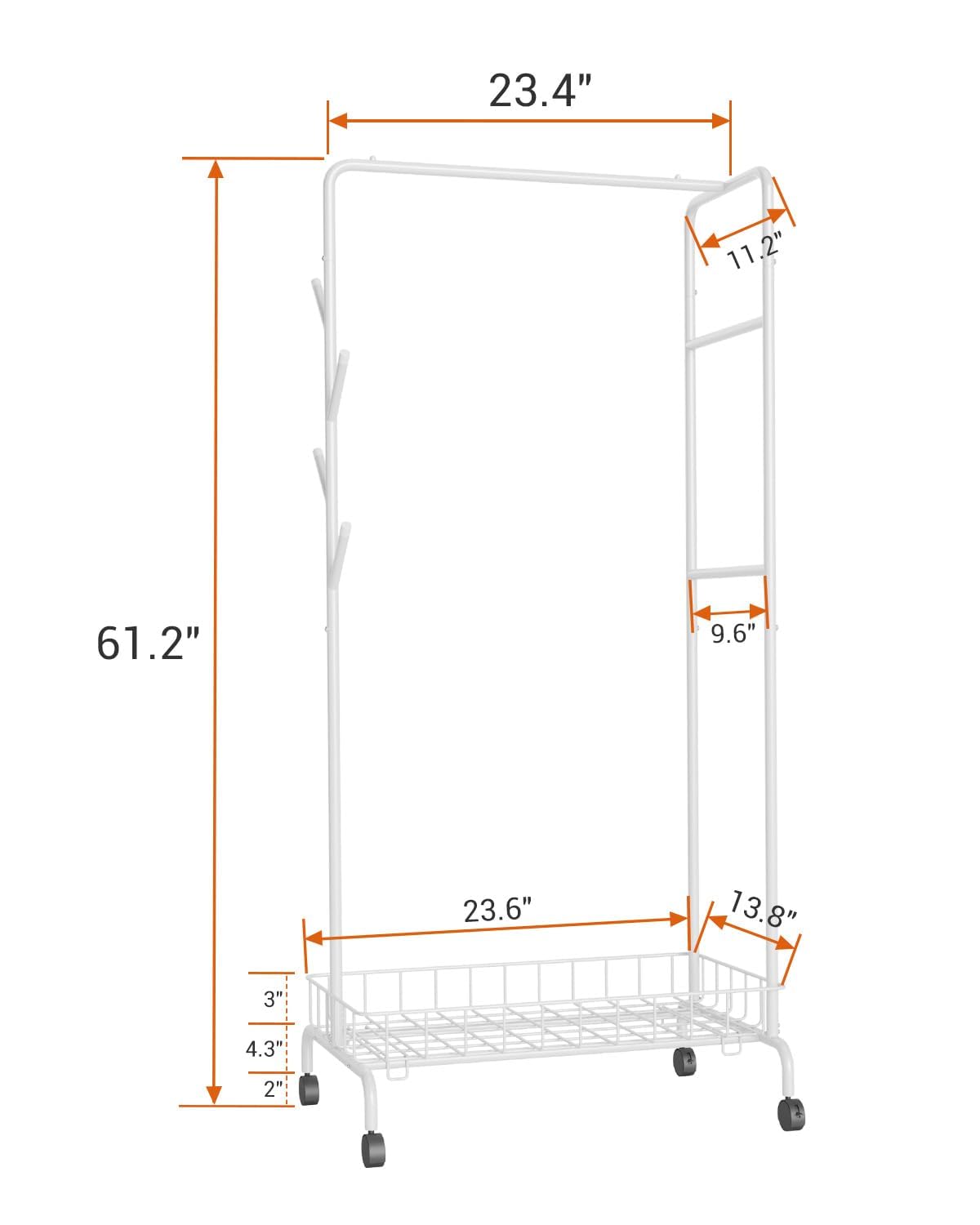 Appendiabiti in metallo Garvee con freni e ripiano, robusto e mobile, acciaio, bianco, per casa e ufficio, salvaspazio