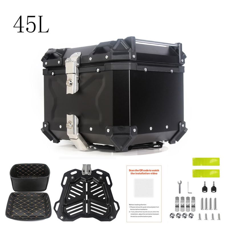 Garvee Valigia Moto 45L Bauletto Impermeabile in Alluminio per Viaggi in Moto, Serratura Sicura, Rivestimento Interno Rimovibile, Installazione Rapida, Nero