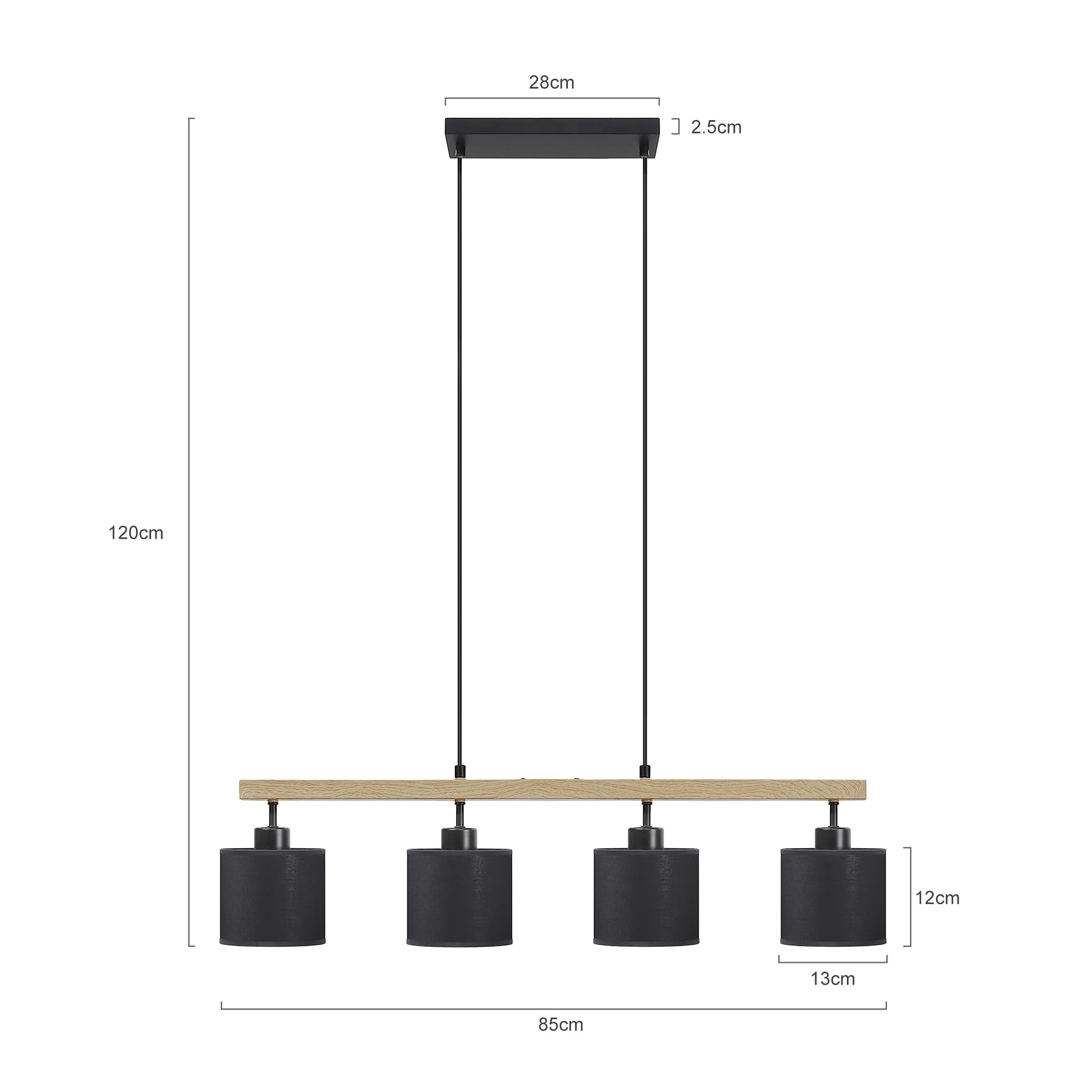 GARVEE Lampadario moderno a 4 luci per sala da pranzo, trave in legno, paralume in tessuto, metallo nero opaco, E27, max 60 W, elegante soggiorno