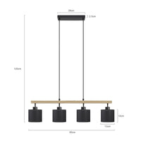 GARVEE Lampadario moderno a 4 luci per sala da pranzo, trave in legno, paralume in tessuto, metallo nero opaco, E27, max 60 W, elegante soggiorno