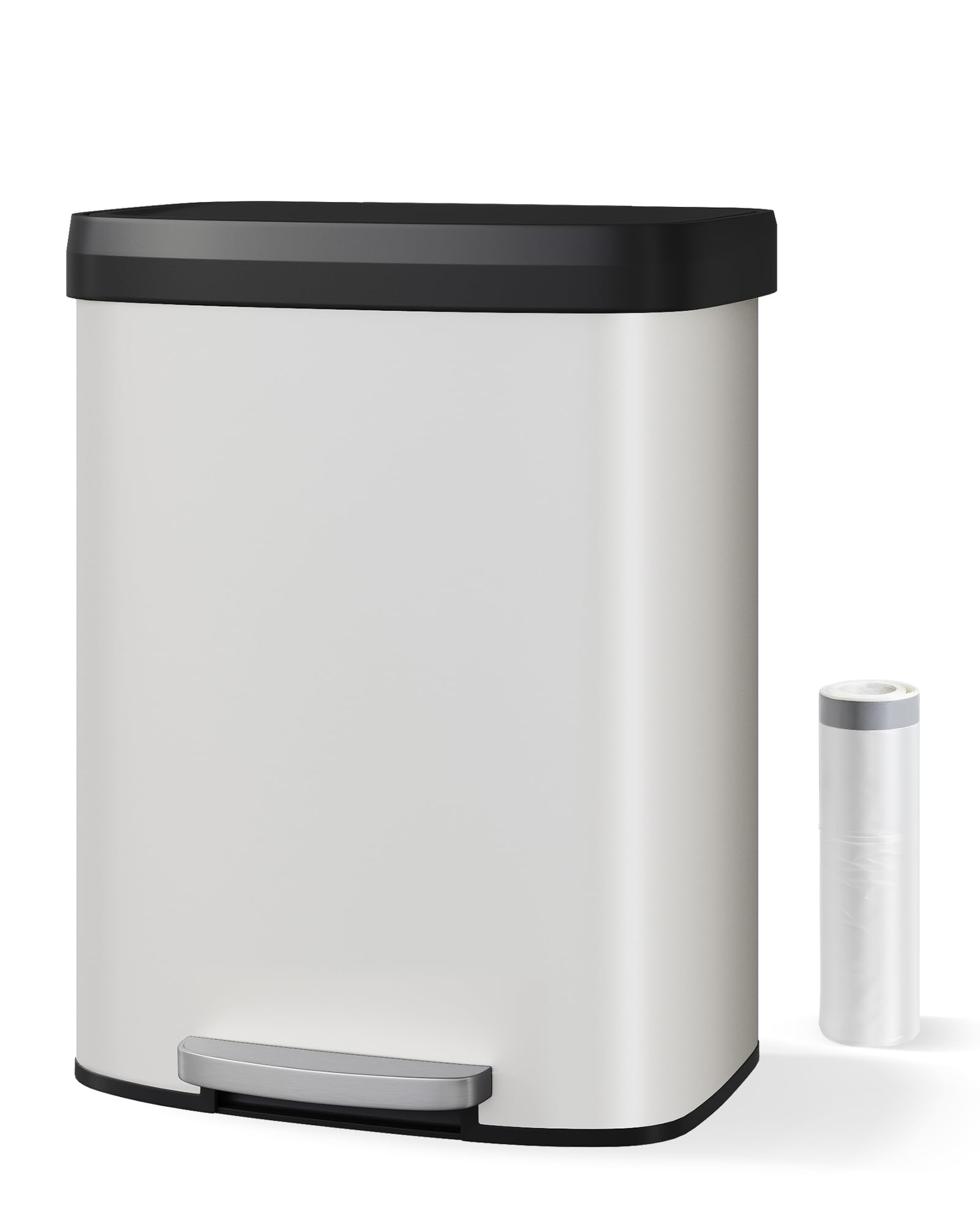 Pattumiera in metallo Garvee da 16 galloni con coperchio, antiruggine, chiusura ammortizzata per cucina e ufficio, bianca, ergonomica, bordo foderato