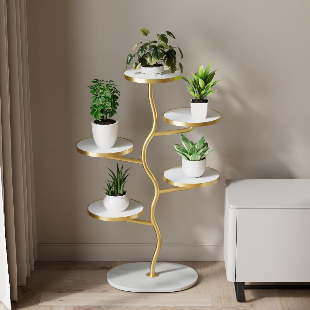 Supporto per piante in metallo Garvee a 5 ripiani, salvaspazio, asimmetrico, per balcone, soggiorno, giardino