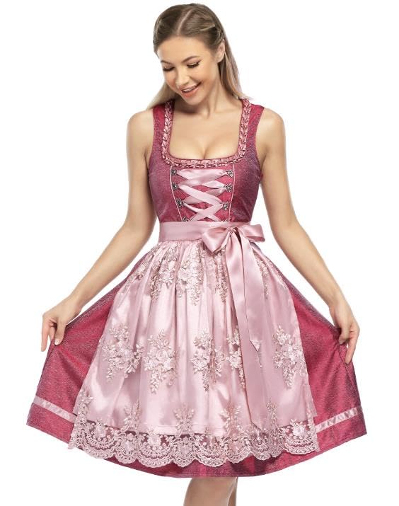 Garvee Dirndl, abito tradizionale da donna in 2 pezzi con grembiule in pizzo per l'Oktoberfest, rosa, taglia 42