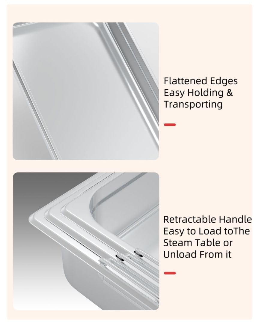 Garvee Set 6 Vassoi Catering Acciaio Inox Profondi 10.16 cm Standard - Ideali per Eventi e Feste, Finitura Specchio Senza Manico/Coperchio