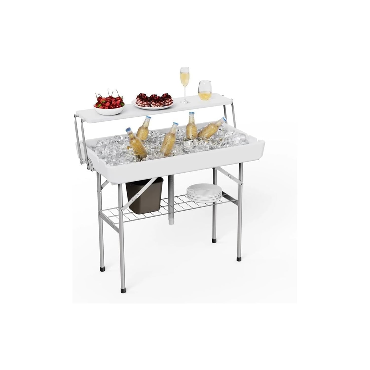 Tavolo portaghiaccio pieghevole Garvee con scarico, vassoio per ghiaccio a due livelli, portatile per campeggio, 40,5"x22"x39,4", materiale HDPE