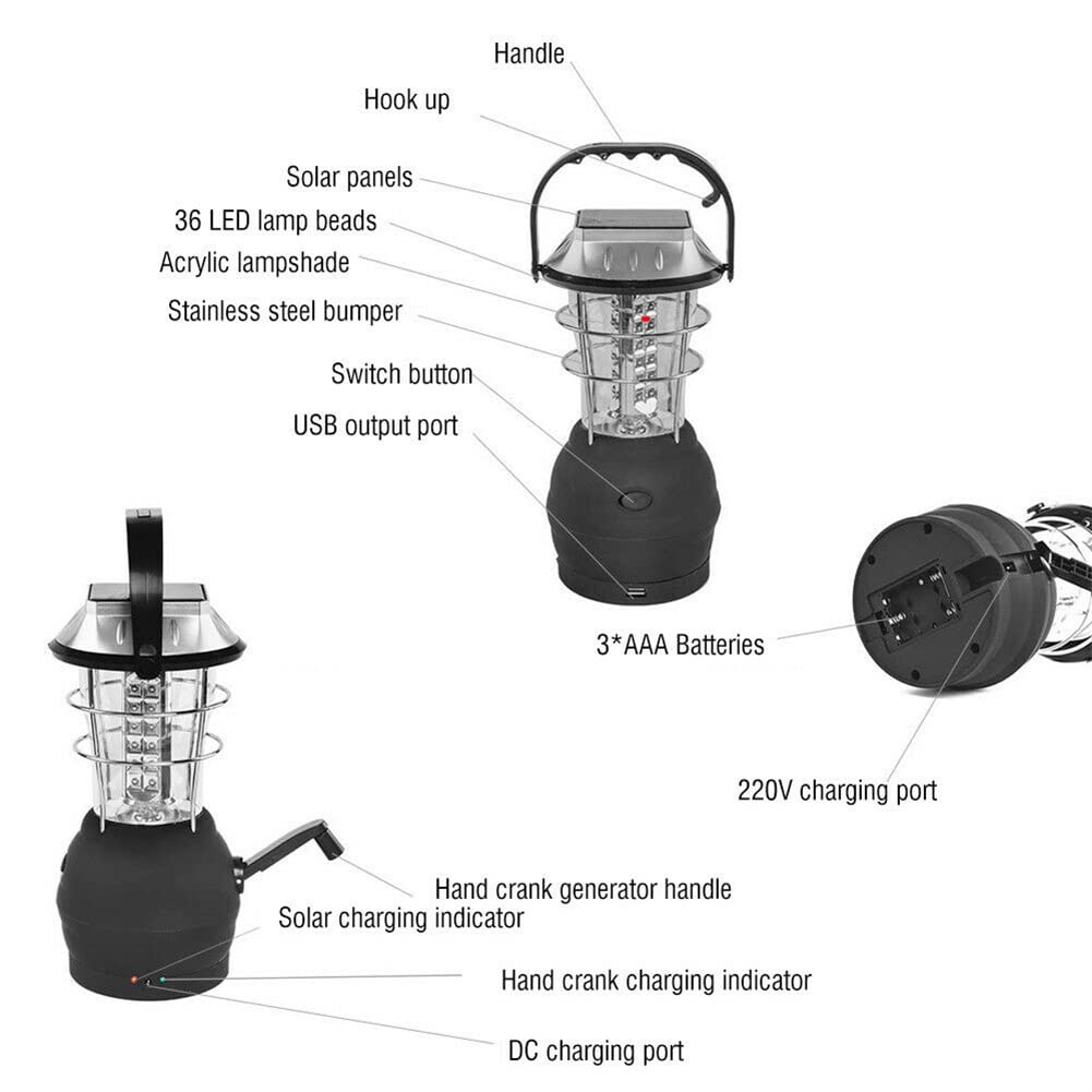 Lanterna solare da campeggio Garvee LED 36 LED manovella batteria da 1500 mAh materiale ABS impermeabile per escursionismo campeggio all'aperto