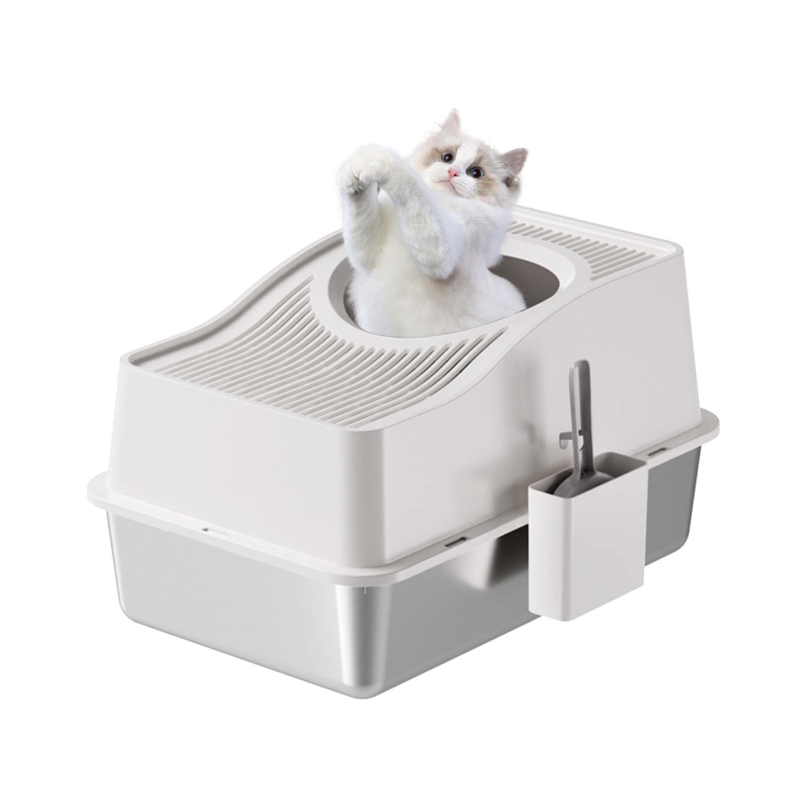 Lettiera per gatti Garvee in acciaio inox con coperchio, extra large, bordo alto, antirumore, per gatti fino a 15 kg, casa, argento