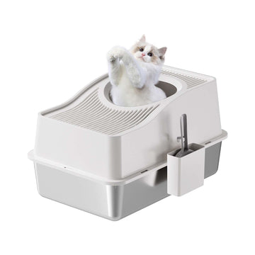 Lettiera per gatti Garvee in acciaio inox con coperchio, extra large, bordo alto, antirumore, per gatti fino a 15 kg, casa, argento