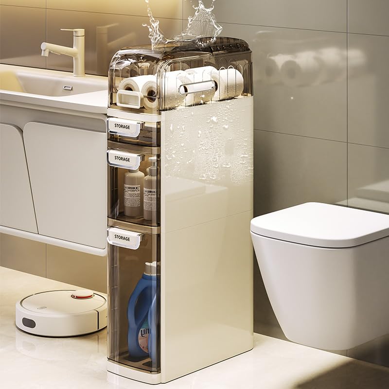 Mobiletto da bagno sottile Garvee a 4 ripiani con cassetti trasparenti e ruote per bagno e cucina, salvaspazio, impermeabile, ABS e PP, argento