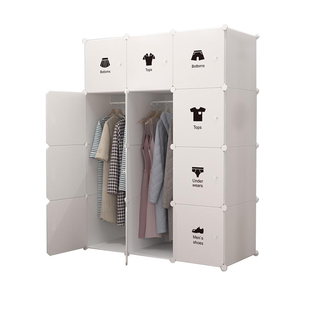 Armadio portatile Garvee con 12 scomparti, ante e asta appendiabiti, contenitore modulare in plastica per camera da letto, 75 x 47 x 111 cm, bianco