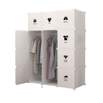 Armadio portatile Garvee con 12 scomparti, ante e asta appendiabiti, contenitore modulare in plastica per camera da letto, 75 x 47 x 111 cm, bianco