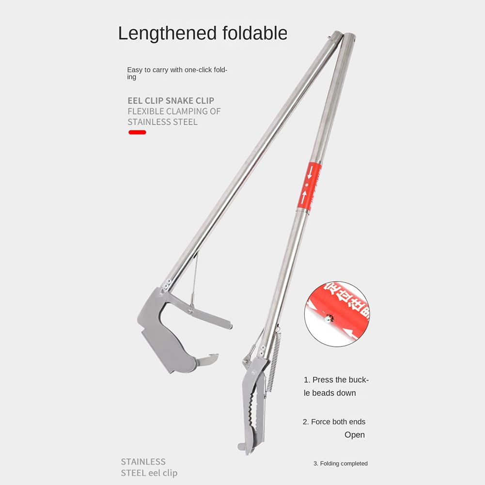 Pinza per serpenti Garvee da 120 cm, extra lunga, in acciaio inox, pieghevole, per catturare rettili, colore argento