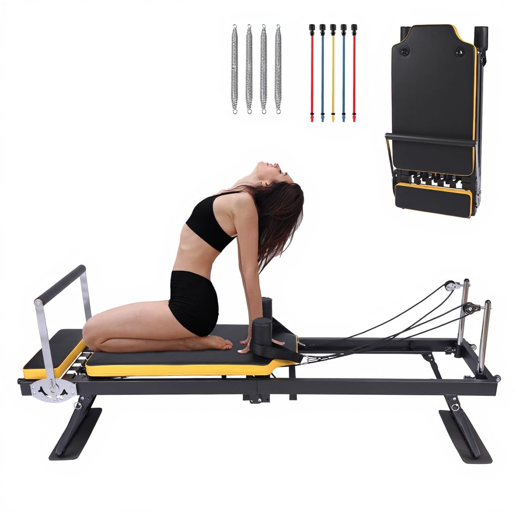 Garvee Pilates Reformer Machine con doppia resistenza, pieghevole, telaio in acciaio per allenamento a casa, salvaspazio, regolabile, nero