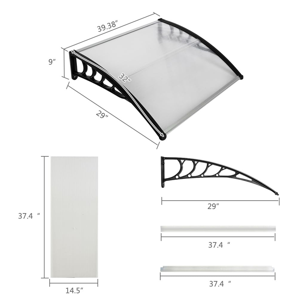 Pensilina Garvee per porta d'ingresso, tetto trasparente in ABS 100x80 cm, protezione da pioggia e raggi UV, staffa nera curva per uso esterno