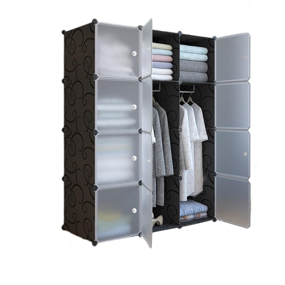 Garvee Armadio portatile in plastica fai da te Sistema di scaffalature 12 scomparti con 2 aste appendiabiti Armadio per camera da letto 111 x 47 x 147 cm Nero