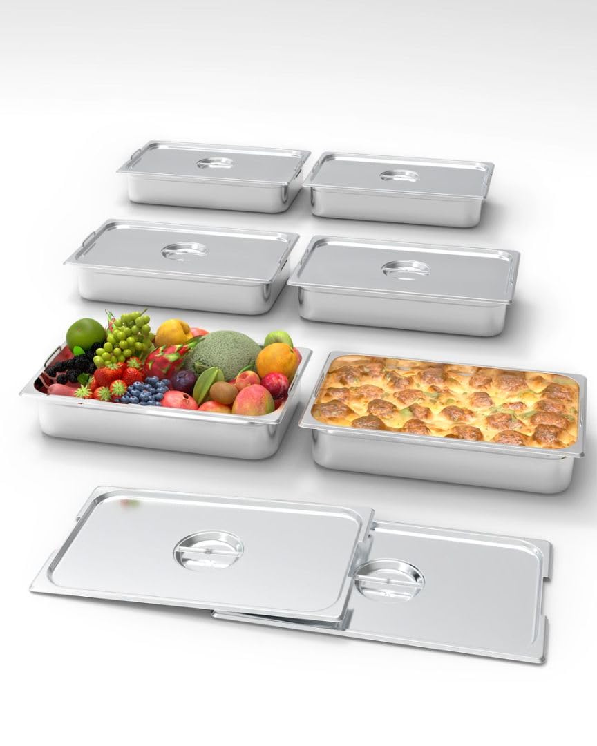Garvee Set 6 Vassoi Catering Acciaio Inox Profondi 10.16 cm Standard - Ideali per Eventi e Feste, Finitura Specchio Senza Manico/Coperchio