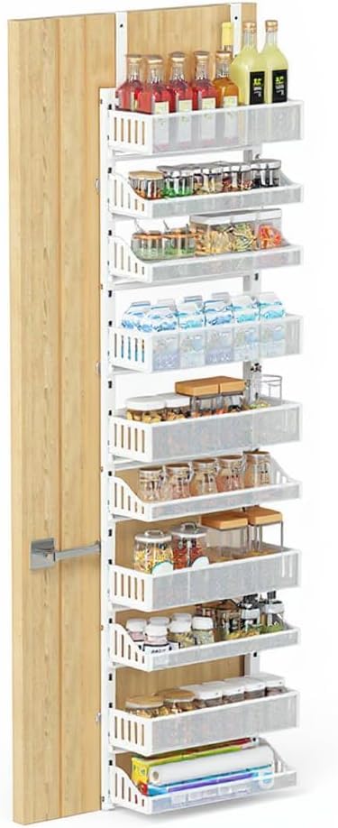 Porta spezie Garvee da appendere alla porta, portaoggetti da appendere alla porta a 10 ripiani, portaoggetti in metallo da appendere alla porta con ganci, organizer da appendere per cucina, dispensa, soggiorno, 41,5 x 13 x 154 cm, bianco