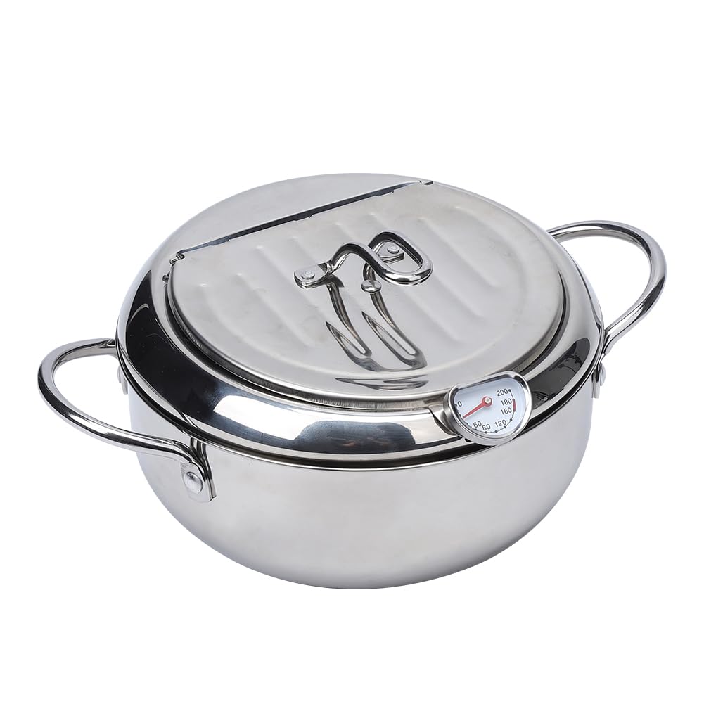 Friggitrice Garvee in acciaio inox 304, cestello di scarico dell'olio, compatibile con induzione, lucidata a specchio, controllo della temperatura, cottura sana, frittura profonda