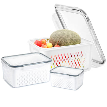 Contenitore per alimenti Garvee da 3 pezzi per frutta e verdura con cestello filtrante, coperchio ermetico, plastica, organizer per frigorifero, uso versatile