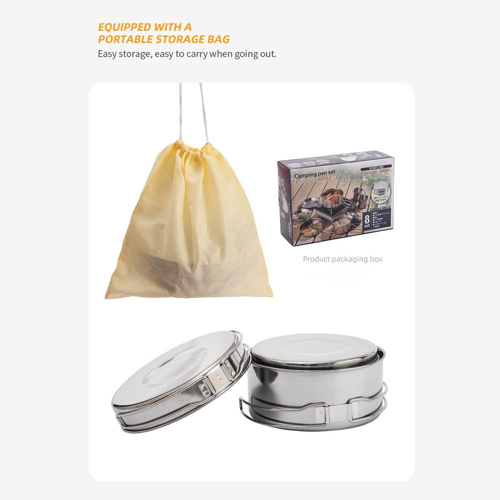 Set di pentole da campeggio Garvee, 8 pezzi, acciaio inossidabile, leggero, compatto, per picnic all'aperto ed escursioni