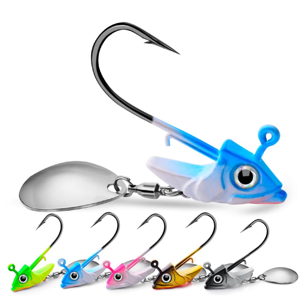 Garvee 5 pezzi da 1/2 oz di testine piombate da pesca con occhi 3D, lama rotante, ami in acciaio ad alto tenore di carbonio per la pesca al black bass e alla trota, vari pesi